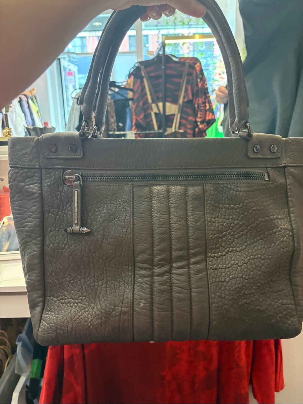 All Saints Dark Gray Textured Leather Tote